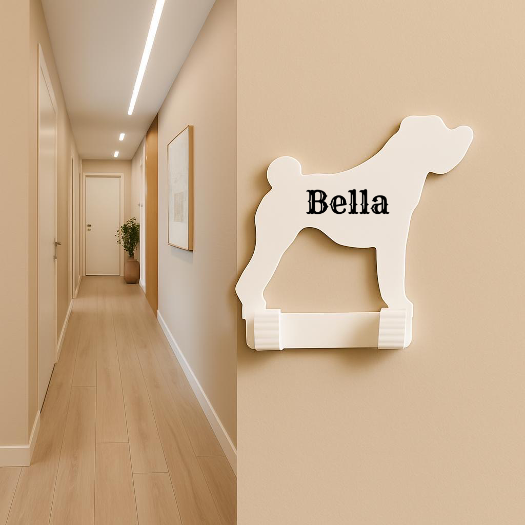 Dog-shaped wall shelf with 'Bella' on a beige wall in a hallway