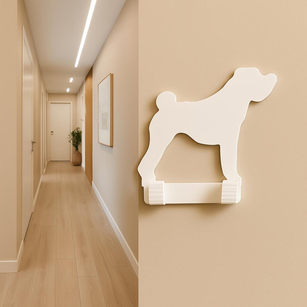 White dog-shaped wall shelf in a hallway with beige walls and wooden floor.