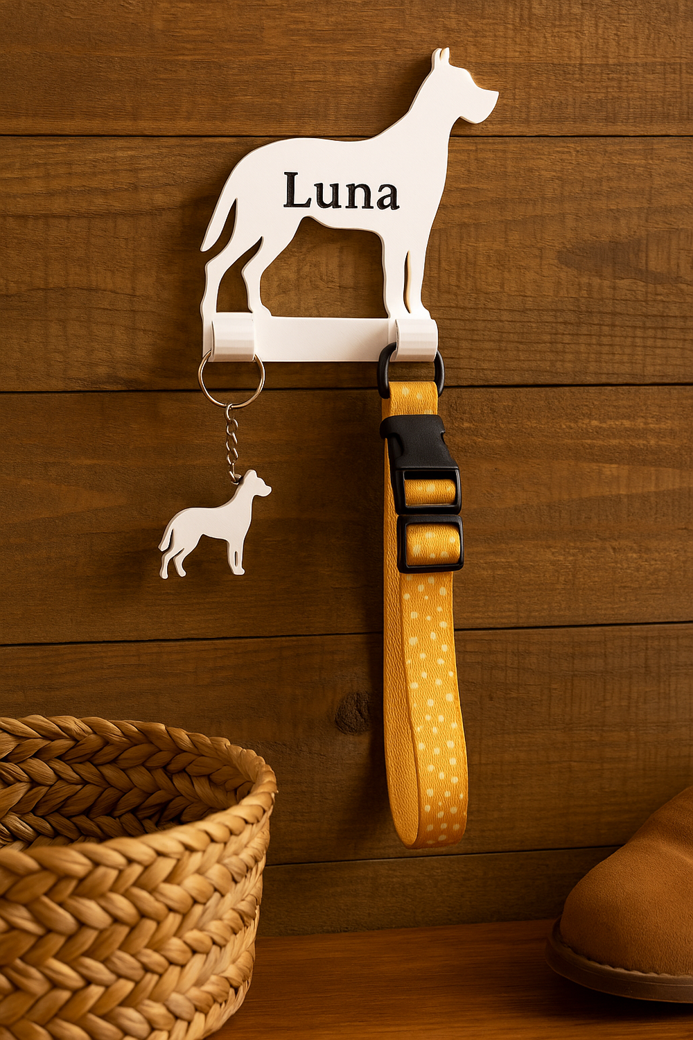 White 3D-printed wall hook in the shape of a Great Dane, personalised with the name 'Luna'. Mounted on a wooden wall, it holds a yellow dog lead and a matching dog-shaped keyring. Styled in a cozy entryway with a woven basket and brown boots in view.