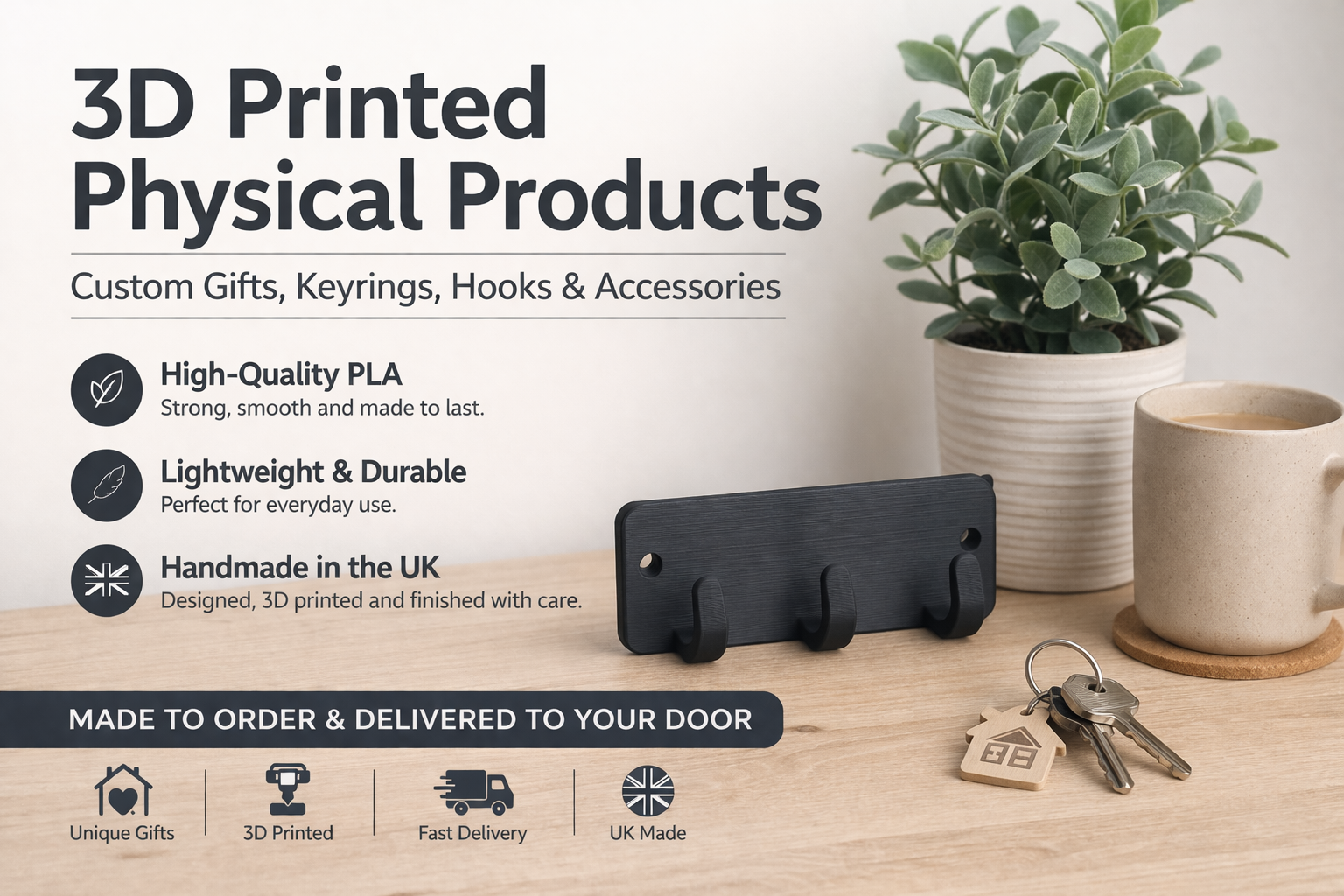 D printed personalised dog products including keyrings, wall hooks and accessories displayed on a wooden desk with plant and keys