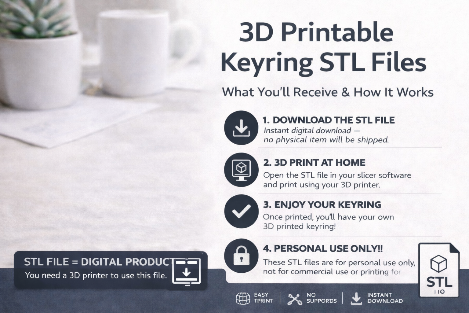 Blue and pink background with white text saying 3D Keyring STL Files and a keyring icon.