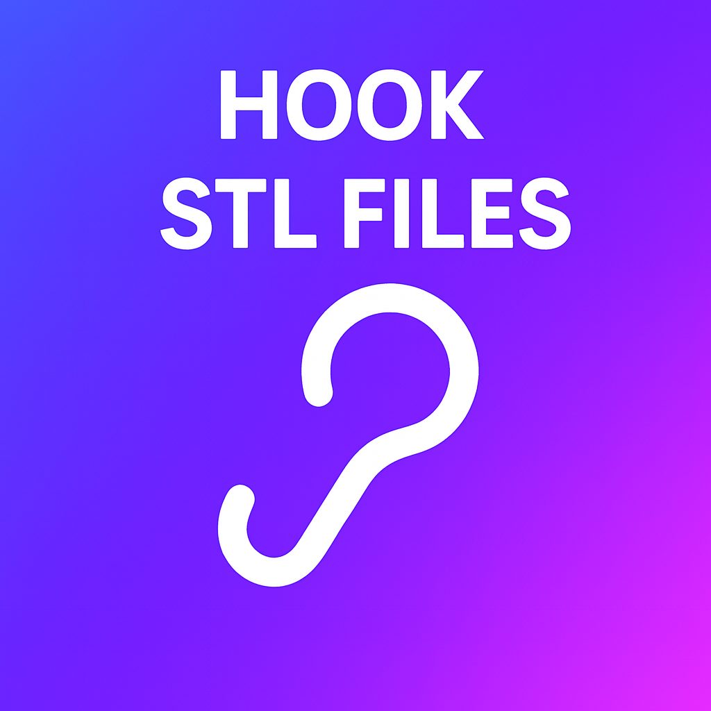 Bright graphic with bold 3D-style blue text on a purple gradient background reading: ‘HOOK STL FILES’.