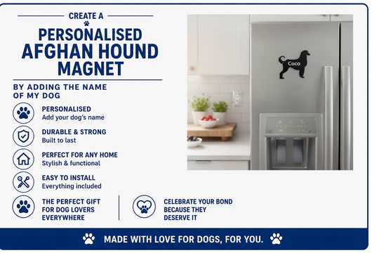 Advertisement for a personalized Afghan Hound magnet with a dog's name on a refrigerator.