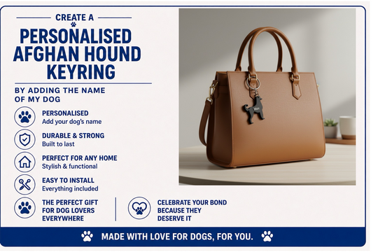 Brown handbag with a dog keychain on a white background with promotional text.