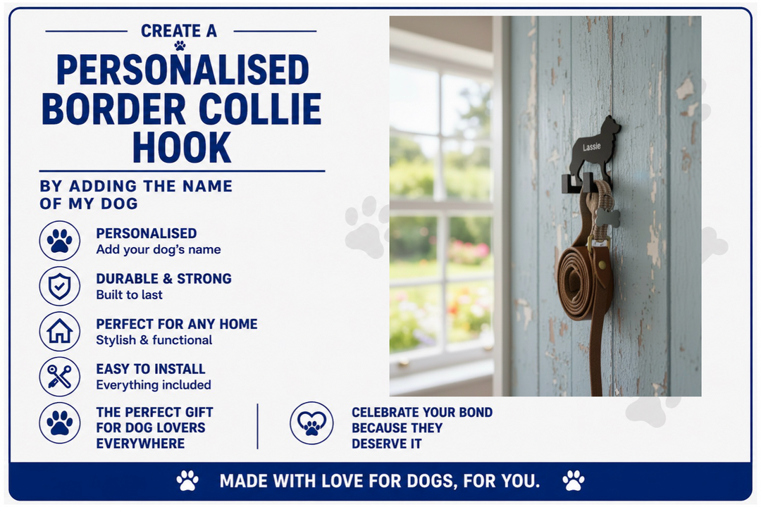 Advertisement for a personalised border collie hook with product features and a sample installation on a door.