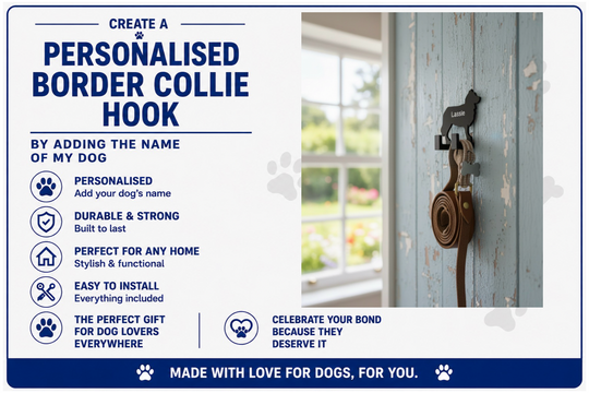 Advertisement for a personalised border collie hook with product features and a sample installation on a door.