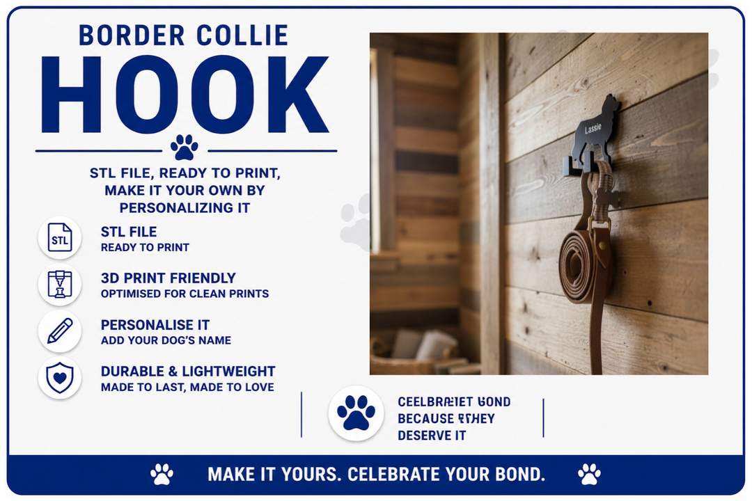 Advertisement for a Border Collie hook with text and a photo of a dog on a wooden wall.