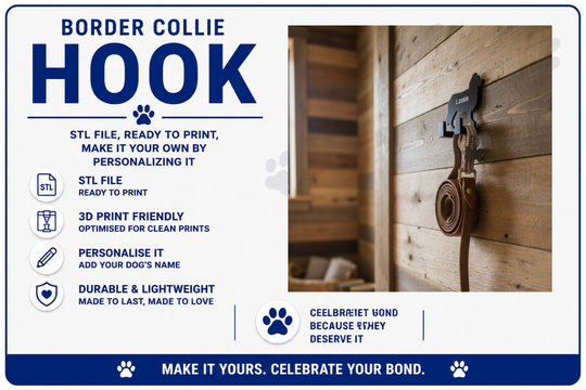 Advertisement for a Border Collie hook with text and a photo of a dog on a wooden wall.
