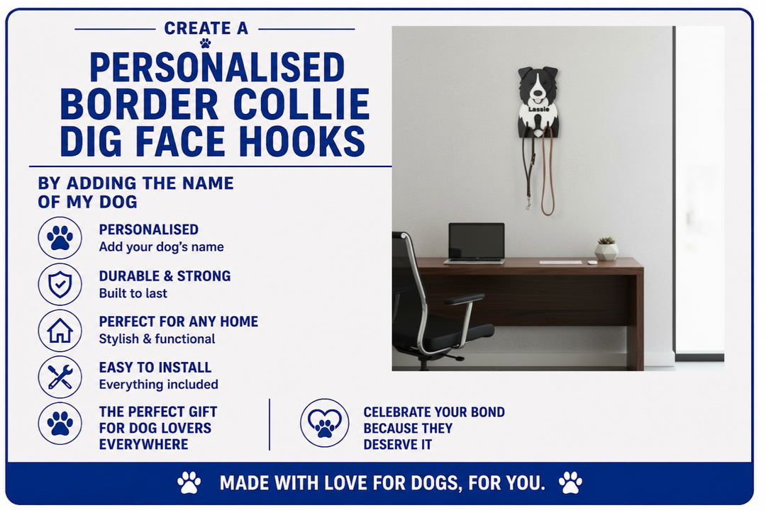 Advertisement for personalized Border Collie dig face hooks with a desk and chair in the background.