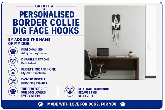 Advertisement for personalized Border Collie dig face hooks with a desk and chair in the background.