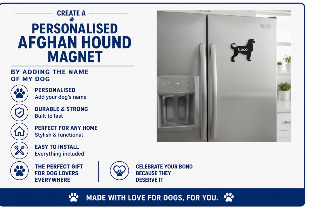 Advertisement for a personalized Afghan Hound magnet with a refrigerator in the background.