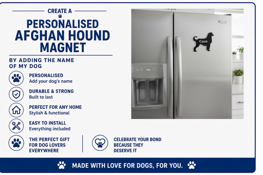 Advertisement for a personalized Afghan Hound magnet with a refrigerator in the background.