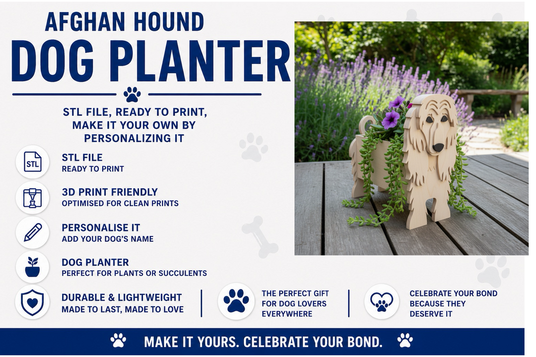 Afghan Hound dog planter with promotional text on a white background