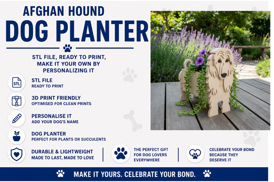 Afghan Hound dog planter with promotional text on a white background