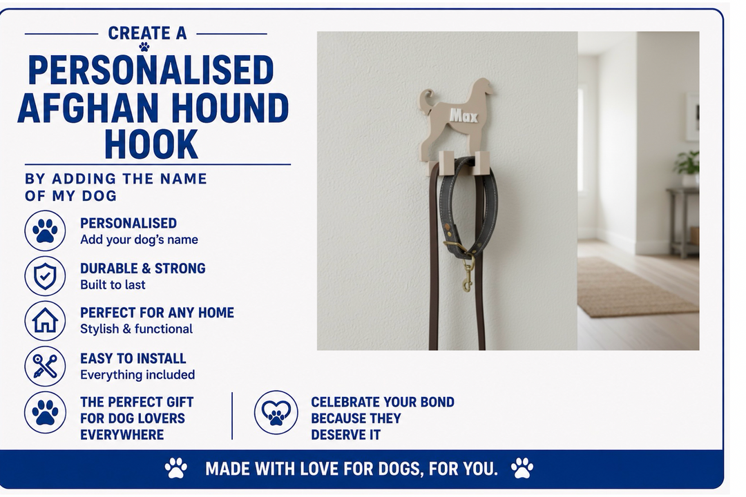 Personalised Afghan Hound hook with dog leash on a white wall, featuring text about product features.