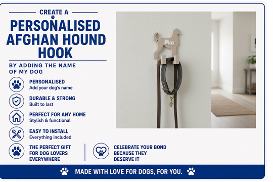 Personalised Afghan Hound hook with dog leash on a white wall, featuring text about product features.
