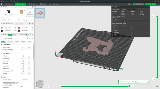 3D printable Afghan Hound silhouette hook prepared in Bambu Studio slicer with PLA settings visible.