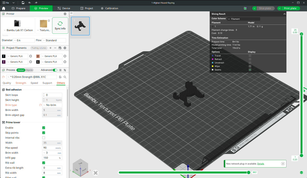 Afghan Hound keyring STL file shown loaded in Bambu Studio slicer on a textured PEI build plate for 3D printing.