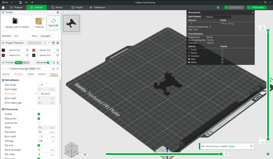 Afghan Hound keyring STL file shown loaded in Bambu Studio slicer on a textured PEI build plate for 3D printing.