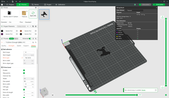 Afghan Hound keyring STL file shown loaded in Bambu Studio slicer on a textured PEI build plate for 3D printing.