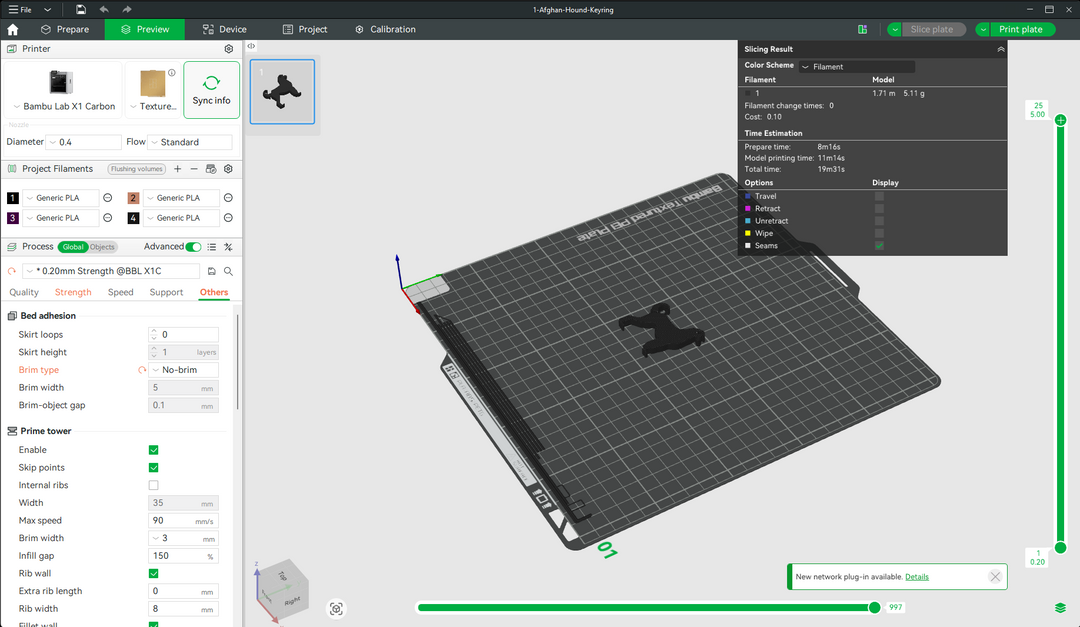 Afghan Hound keyring STL file shown loaded in Bambu Studio slicer on a textured PEI build plate for 3D printing.