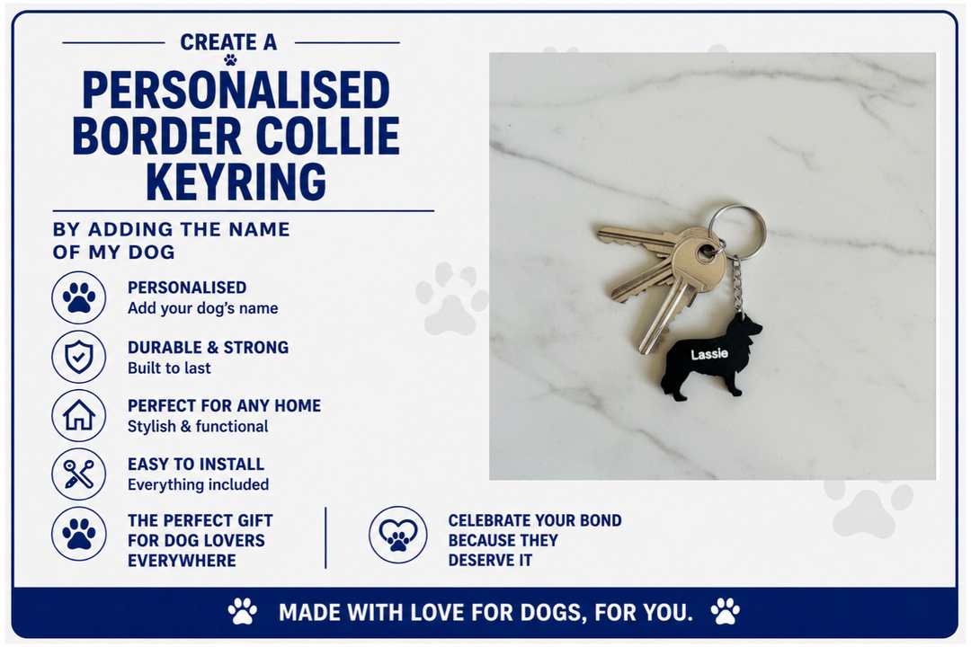 Personalised Border Collie keyring with text on a marble background