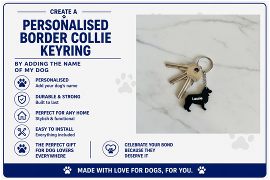 Personalised Border Collie keyring with text on a marble background
