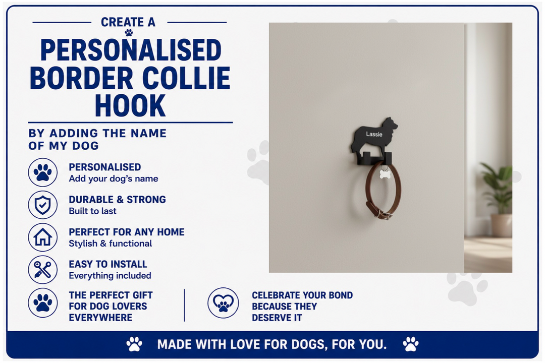 Personalised border collie hook with text on a white background