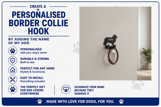 Personalised border collie hook with text on a white background