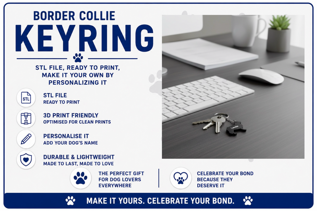 Advertisement for a Border Collie keyring with text and a photo of a desk setup.