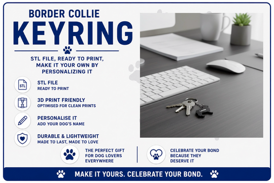 Advertisement for a Border Collie keyring with text and a photo of a desk setup.