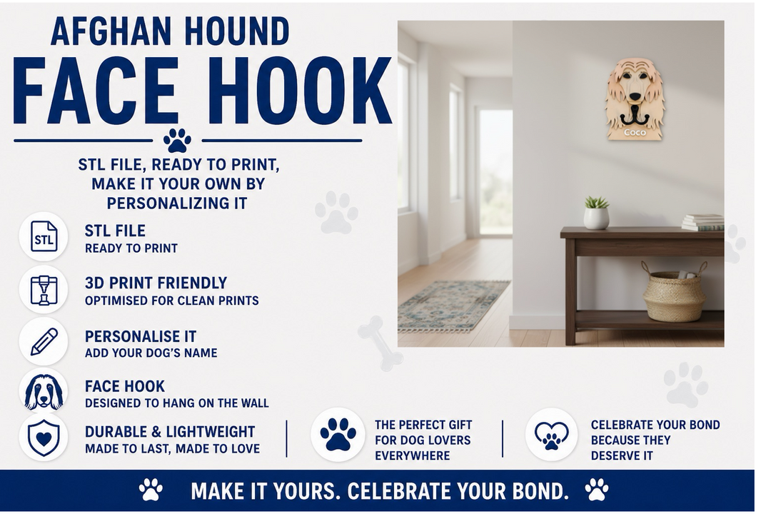 Advertisement for Afghan Hound face hook with product details and a room setting.