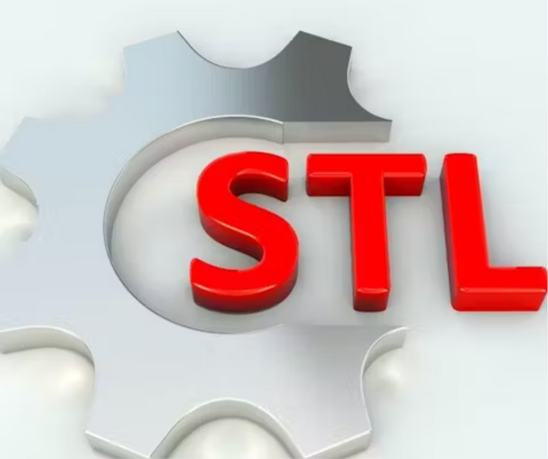Red 'STL' letters on a white gear-like background
