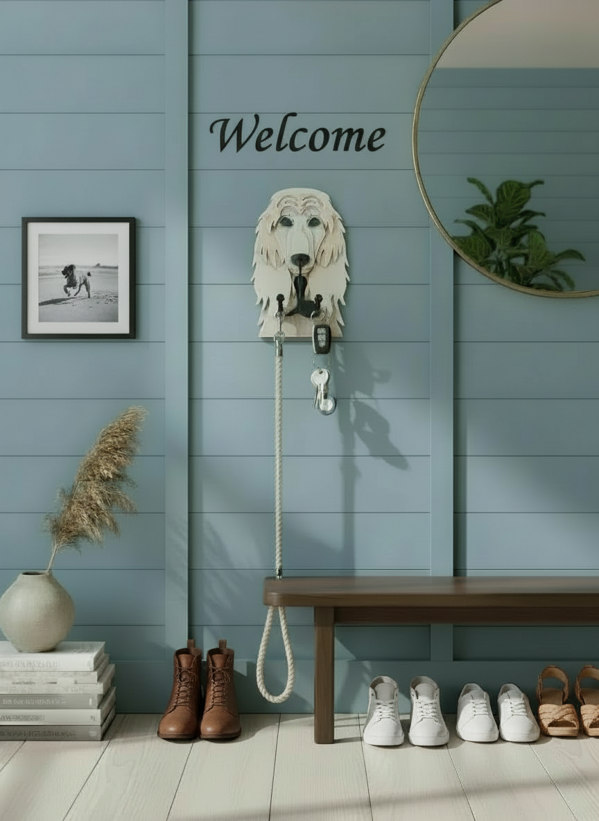 Decorative wall hook with a Agfghan Hound Dog Face on a blue wall, with shoes and a bench below.