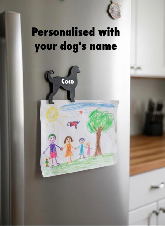 Personalised Afghan Hound dog magnet holding child drawing on fridge custom name magnet UK