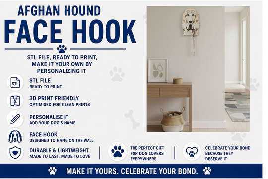 Advertisement for Afghan Hound face hook with product details and a sample installation on a wall.