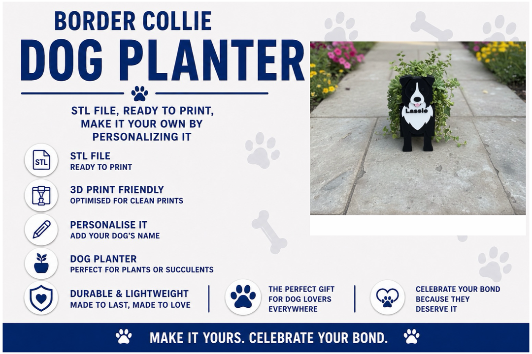 Advertisement for a Border Collie dog planter with text and a photo of a dog planter shaped like a dog.