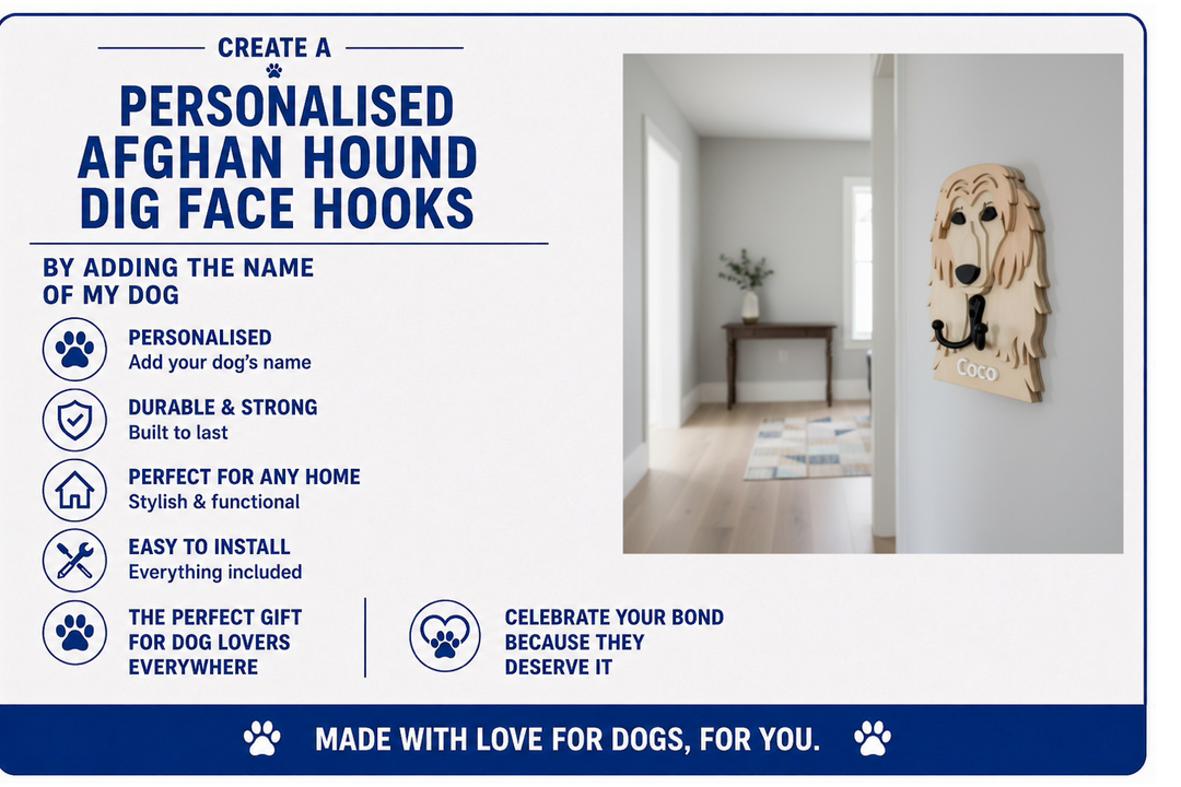 Advertisement for personalized Afghan Hound dig face hooks with a dog-shaped hook on a wall.