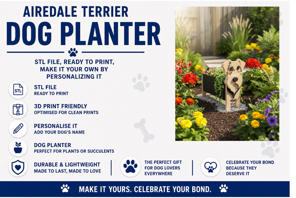 Airedale Terrier dog planter product description with a sample installation in a garden.