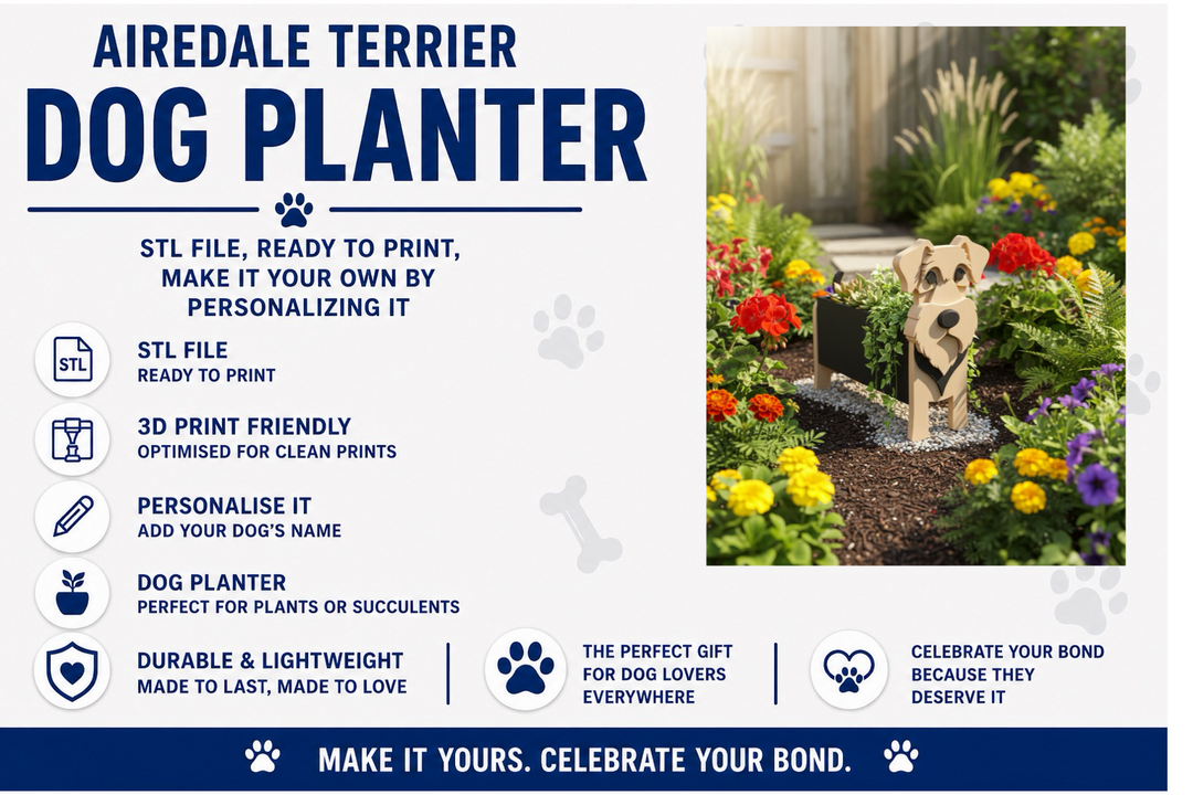 Airedale Terrier dog planter product description with a sample installation in a garden.