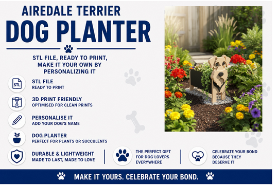 Airedale Terrier dog planter product description with a sample installation in a garden.