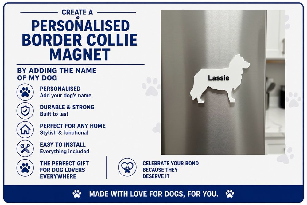 Advertisement for a personalized border collie magnet with a dog's name on it, displayed against a neutral background.