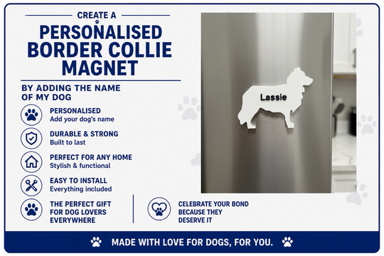 Advertisement for a personalized border collie magnet with a dog's name on it, displayed against a neutral background.