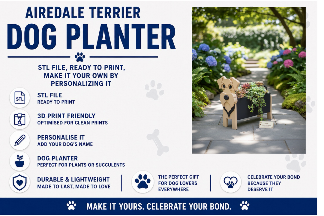 Airedale Terrier dog planter with garden background and product details on a white background.