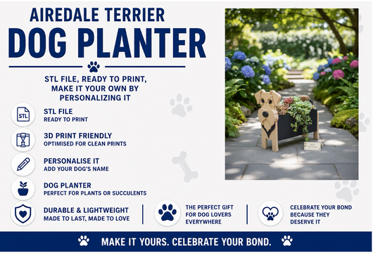 Airedale Terrier dog planter with garden background and product details on a white background.