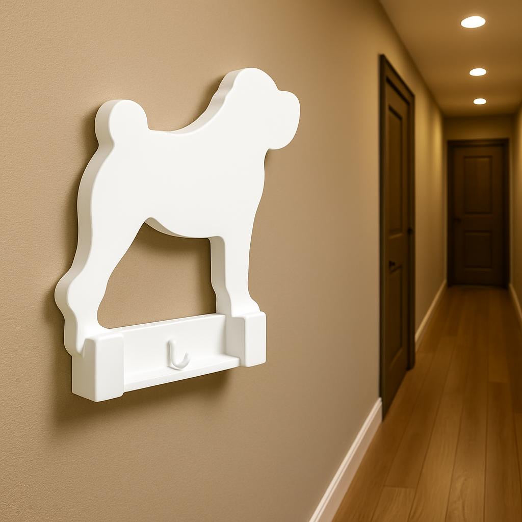 White dog-shaped shelf mounted on a beige wall in a hallway.