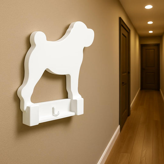 White dog-shaped shelf mounted on a beige wall in a hallway.