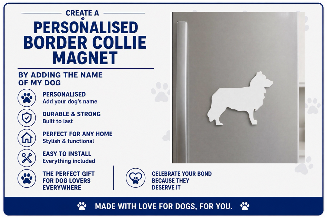 Advertisement for a personalized border collie magnet with product features listed.