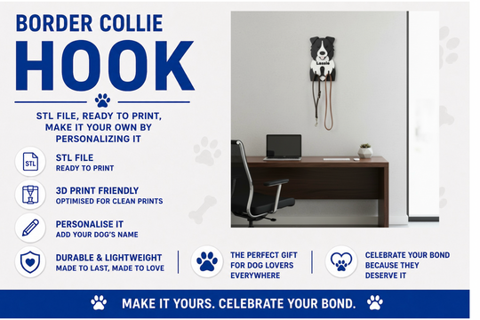 Advertisement for a Border Collie-themed hook with text about customization and product features.