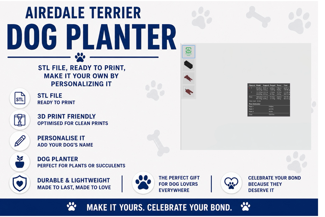 Airedale Terrier dog planter with text and icons on a white background